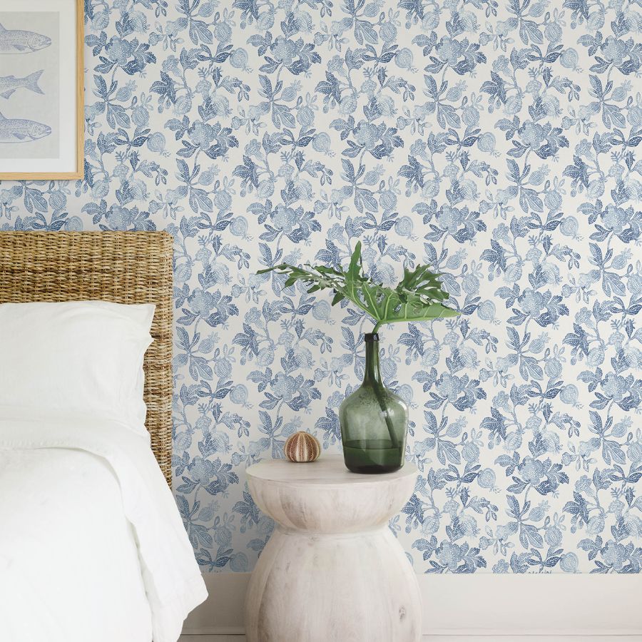 4172-27492 | Sea Salt, Beach Rose Blue Floral Fruits - A-Street Wallpaper