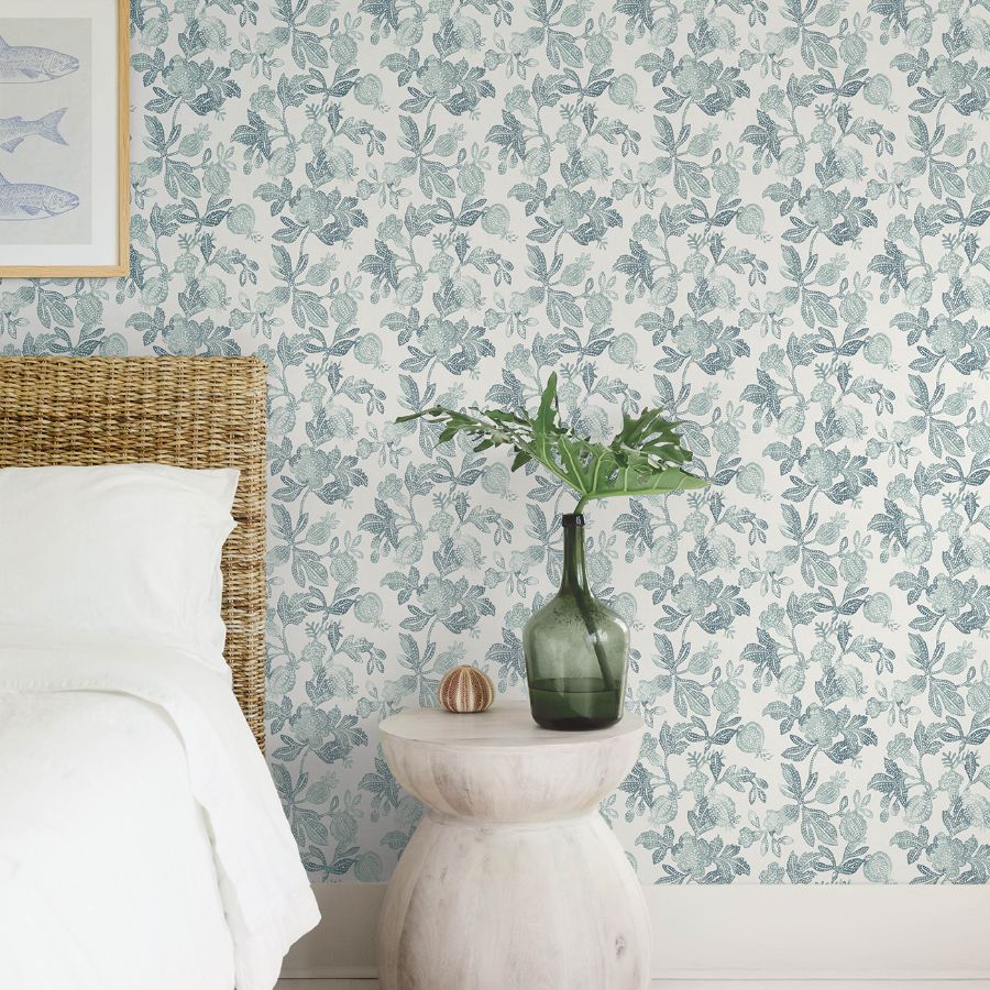 4172-27494 | Sea Salt, Beach Rose Teal Floral Fruits - A-Street Wallpaper